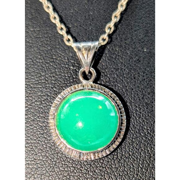 VTG 925 Sterling Silver Tests as Jadeite Green Stone Box Chain 18" Necklace - Picture 4 of 9
